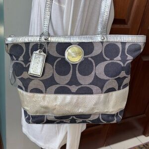 Coach   Vintage  denim/silver stripe leather trim & silver leather trim ￼
